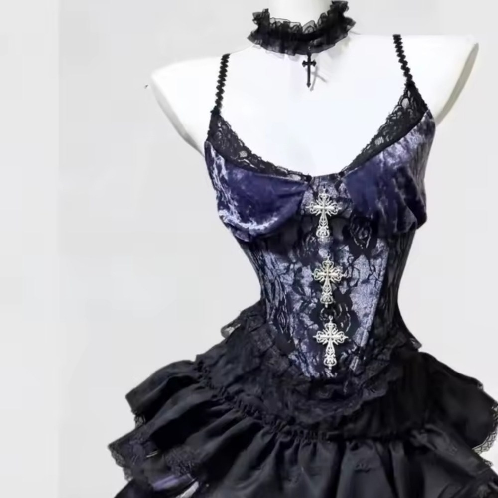 Elegant Blue and Black Lace Corset Dress